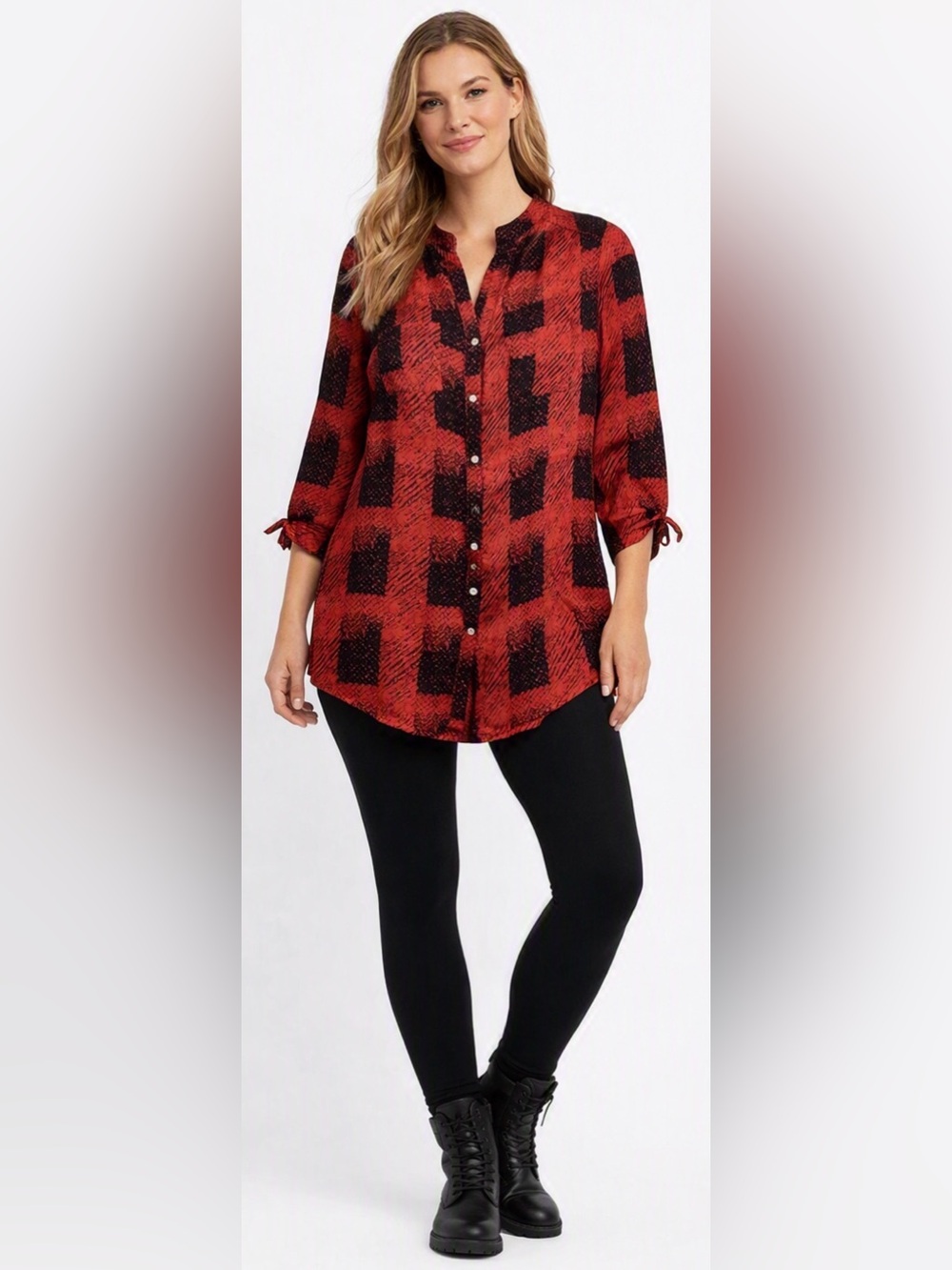Cocomo Women’s Silky 3/4 Sleeve Button Down Blouse in Red and Black Plaid Sz S